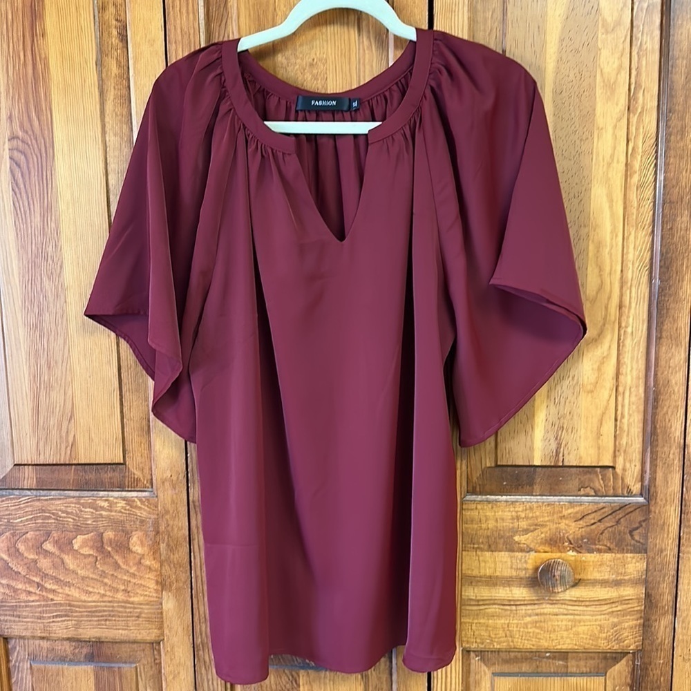 Fashion V-Neck Butterfly Sleeve Polyester Popover Top Size XL